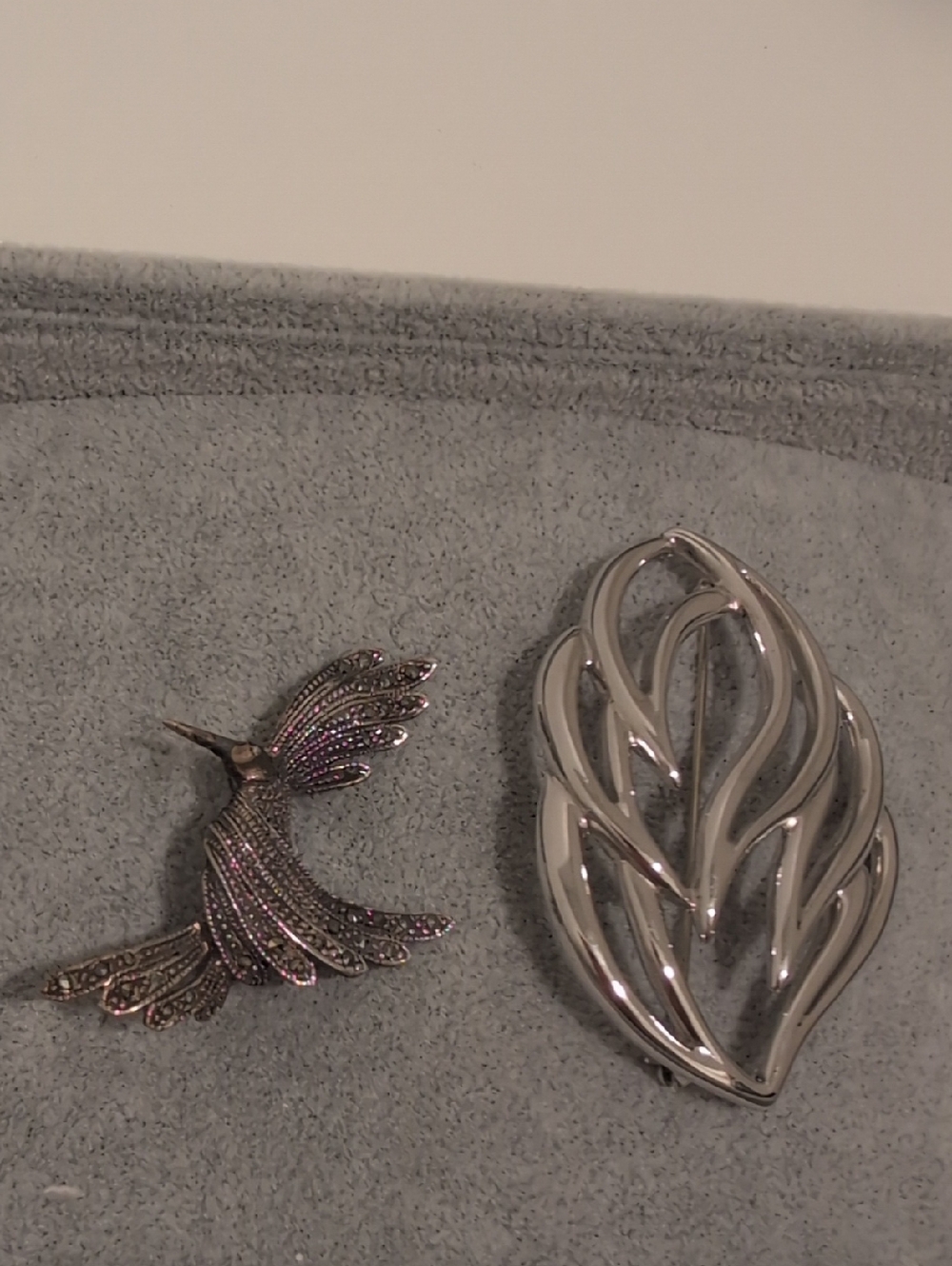 Silver Tone Leaf Brooch and Iridescent Hummingbird Pin - Women's Jewelry